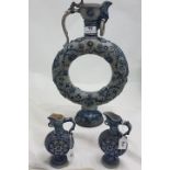 Tall German Porcelain Ring Shaped Blue Ground Vase with plated lid, 18.5”h and a pair of similar