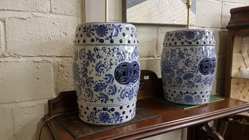 Matching Pair of Porcelain Blue and White Chinese Stools, converted to electric Table Lamps, 17.1” - Image 2 of 2