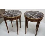 Matching Pair of Circular Kingwood Occasional Tables, the brass banded red marble tops over gilt