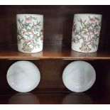 Pair of Green Ground Ink Pots/Vases, pink floral, 5” h & a pair of green ground dragon dishes 6.5”