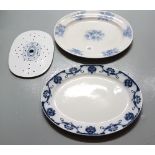 2 oval blue/white meat plates and a porcelain dish strainer (3)