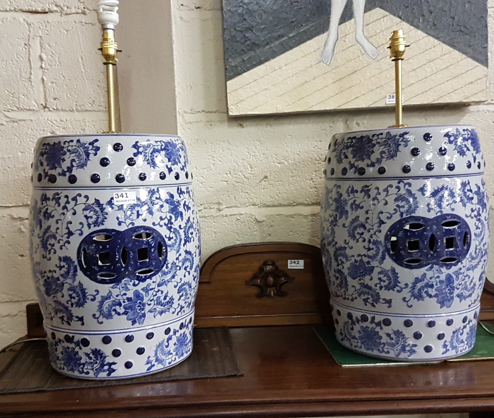 Matching Pair of Porcelain Blue and White Chinese Stools, converted to electric Table Lamps, 17.1”