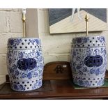 Matching Pair of Porcelain Blue and White Chinese Stools, converted to electric Table Lamps, 17.1”