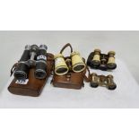 3 binoculars in leather cases (1 Howell James & Co.) and a pair mother of pearl framed opera glasses