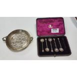 Set of 5 English Silver “6 pence coin” Coffee Spoons & a silver pin dish with armorial design (2)