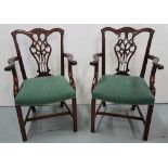 Matching set of 8 mahogany chair carvers, in the Chippendale style with slat backs, curved arms,
