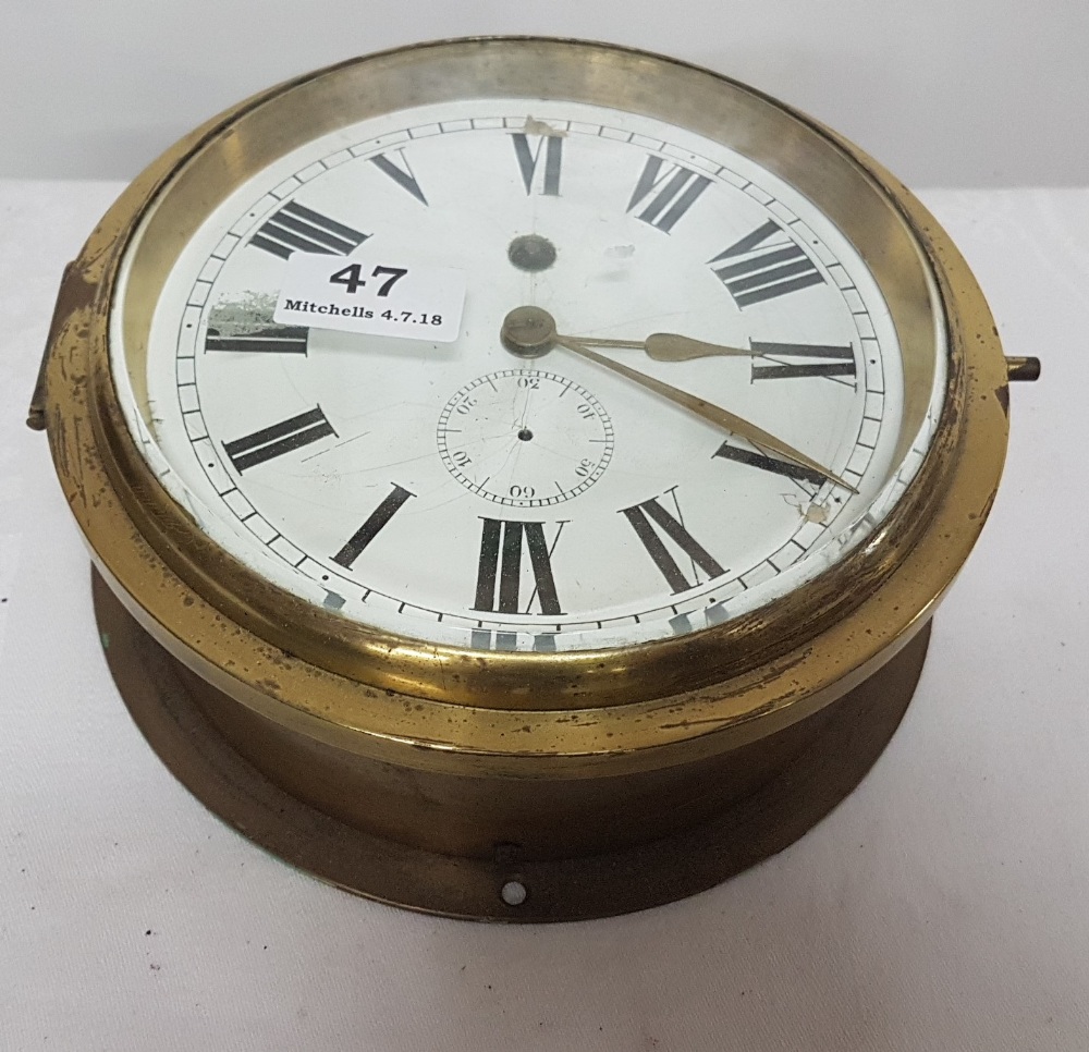 Brass Ships Bulkhead Clock encased in heavy marine brass circular case, stamped Instraiuill F555,