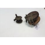 2 wooden fishing reels – 1 Allcock & Co 3.5” dia & 1 brass 2”h