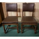 Set of 4 Oak Dining Chairs, Tudor style with brown leatherette seats and backs