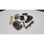 Assorted group – 2 x pen knives. Pill box, match striker, ruler, cigar tip & flask (8)