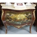 Serpentine Front Bombe Chest of 2 Drawers, with a beige marble top, the front and side panels