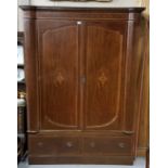 19TH c Inlaid mahogany wardrobe, the 2 doors enclosing hanging rails, with bowed side pillars, 2