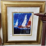 DECLAN MARRY: “Three Sailboats in Dun Laoghaire”, in a gold frame, 30cm h x 24cm w