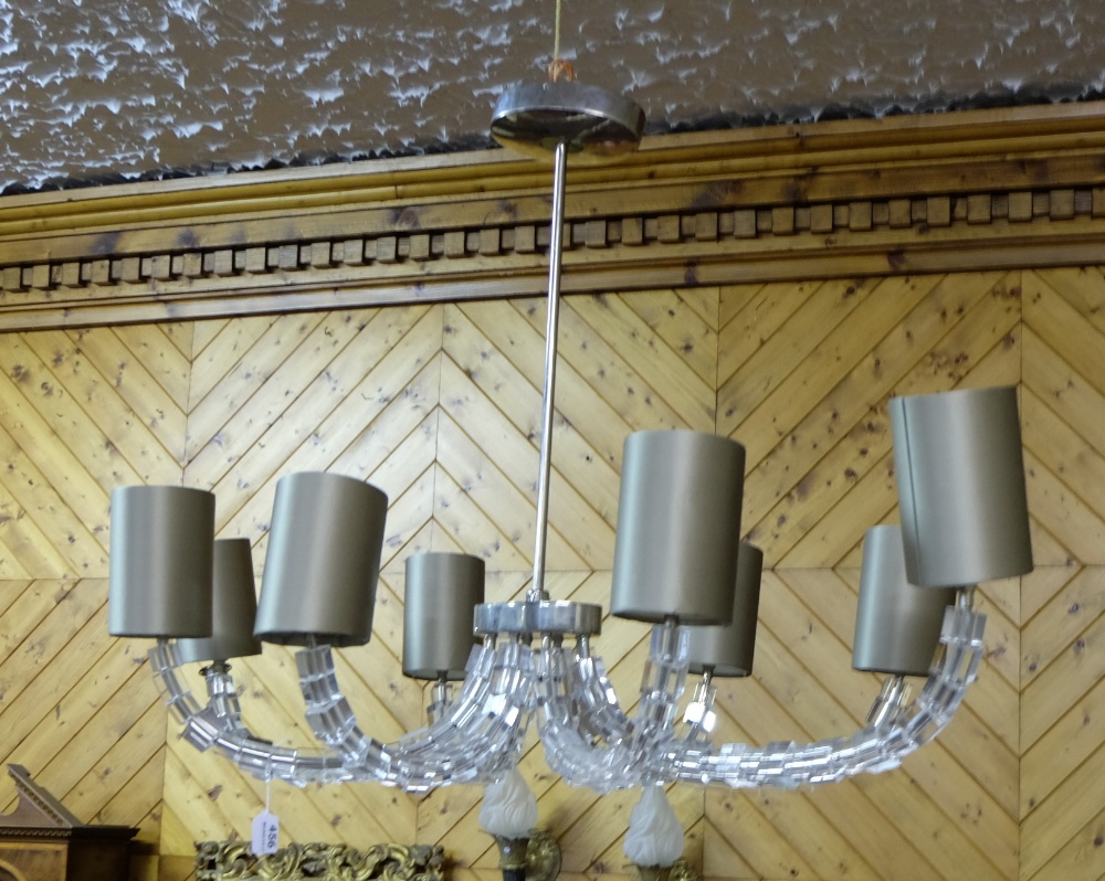 Large contemporary 8-Branch Glass Chandelier, with beige shades (approx. 4ft wide) (as new)