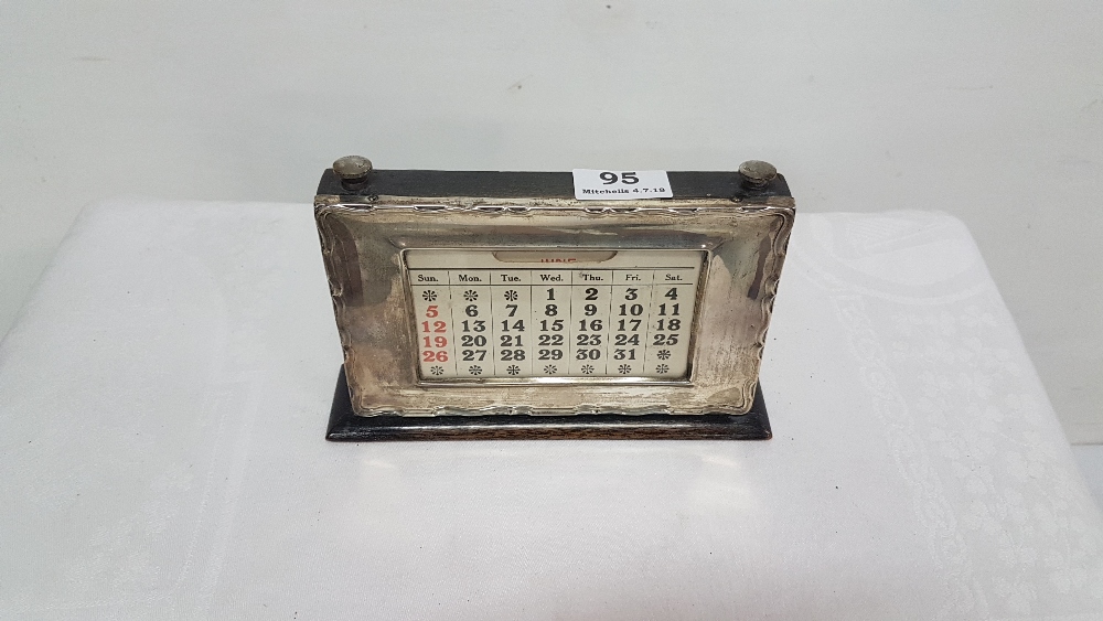 Late 19th C adjustable date calendar, with hallmarked Birmingham silver front panel, (not