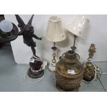 "Belge Oil Lamp", brass, in base. Pr. candlestick table lamps and another, electric cherub lamp (5)
