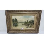 Late 19thC Oil on Canvas – Goring – near the Thames, at a wooden bridge, 23 x 38cm, in a gold frame