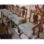 Matching Set of 6 Walnut Dining Chairs, with splat backs (5 + 1 carvers) green floral covered seats