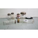 Assorted group of perfume bottles/glass condiments, all with plated tops (7)