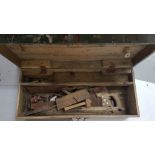 Pine Tool Box with contents – 3 saws, hand shears, spirit level etc