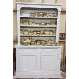 Modern Pine Kitchen Dresser, painted grey, 3 shelves above 2 apron drawers, 2 cabinets below, 86”h x