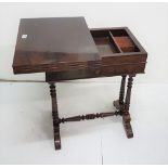 William IV Tilt-top Card/work table, mahogany with drawer on turned legs and turned stretcher, 22"