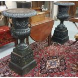 Matching Pair of classically style cast iron Garden Urns on matching bases, painted black
