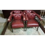 Set of 4 Bow Shaped Bar Armchairs, covered with (worn) red leatherette seats and backs, button