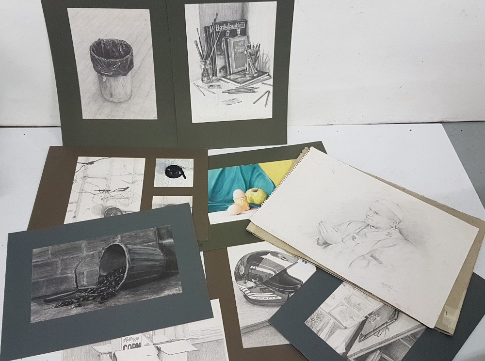 Portfolio of art work and drawings by Ms Callaghan – contemporary still lifes, motorbike helmet,