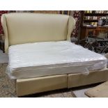 King Size Bed, complete with gold silk headrest and mattress (as new), (used in a holiday home), 6ft