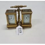 Brass framed miniature carriage clock and barometer with carrying handle, 4.5”h (not working)