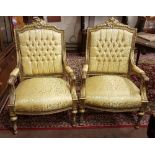 Matching Pair of carved Gilt Wood Framed Drawing Room Armchairs, with gold fabric covered seats