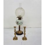 Pair of Brass Candlesticks & a Victorian Oil Lamp with floral bowl, glass shade (3)