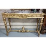 Matching Pair of carved Gilt Wood Louis IV Style Console Tables, the rectangular red marble tops