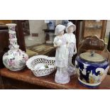 Glazed porcelain biscuit jar with lid, floral pottery vase stamped England, and heart shaped sweet