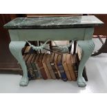 Pine Console Table, painted blue, with a green marble top, 33”w x 13”d x 31”h