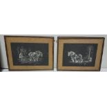 Pair of ploughing scenes on slate 50cms X 30cms & framed Print of Dog with Cats, heavy gilt frame
