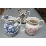 3 Victorian pottery jugs, one red/white floral, one blue/white (chip), one Blenheim (3)