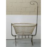 19th C Brass Rocking Cradle/Bassinet with roped sides and brass curtain rail, 42"w x 34"h