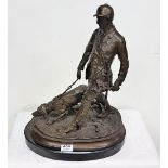 French Bronze Study of a Huntsman with pointer dog, after P J"Mene", on an oval base, 16”w x 9”d x