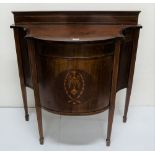 Edwardian Mahogany Serpentine Front Cabinet, inlaid with classic urn, tapered legs, 38”w x 17”d,