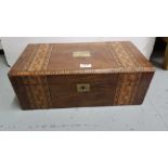 Late 19thC marquetry inlaid writing box, opening to a desk top, with compartments, 20”w x 10”