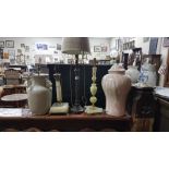 5 x electric Table Lamps incl 2 pottery, 1 onyx & 1 alabaster with brass mounts