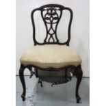 19th C mahogany side chair, with decorated slat back, cabriole legs, shaped front, 23"w seat
