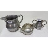 American pewter teapot stamped RWP, large pewter water jug and a pewter sugar bowl and jug (4)