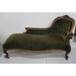 Victorian mahogany framed Chaise Longe, carved and scrolled back and cabriole legs, covered with