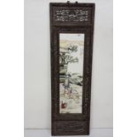 Wall hanging with a central china panel, decorated with Chinese figures (reproduction), 40”h