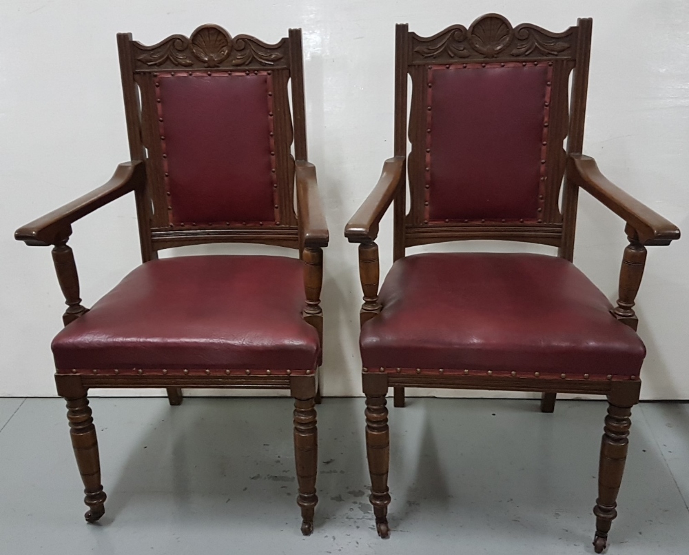 Matching Pair of Oak Framed Armchairs, on turned front legs, wine leatherette seats and back (2)