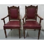 Matching Pair of Oak Framed Armchairs, on turned front legs, wine leatherette seats and back (2)