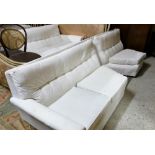 Large modern corner settee, covered with white fabric, button back (in 3 pieces)